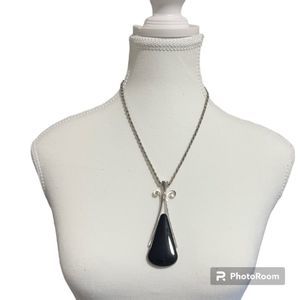 VINTAGE Avon Black Silver Chrome Art Deco Pendant Rope Chain 26" Necklace